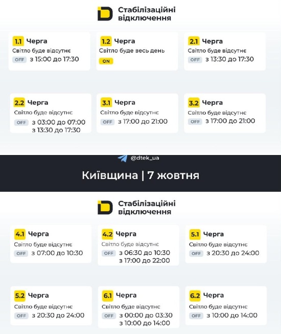 Відключення на Київщині 7 жовтня - ДТЕК